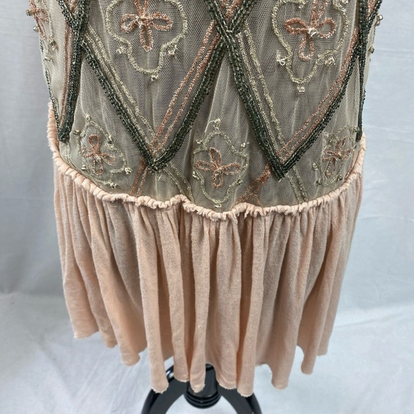Free People Holiday to India Cap Sleeve Beaded Peplum Semi Sheer Top in Pink S - Picture 4 of 9